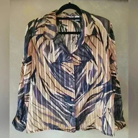 VINTAGE!! Alia Petites | Brown & Black  Semi-Sheer Blouse, Ptp 24'' - Picture 2 of 8